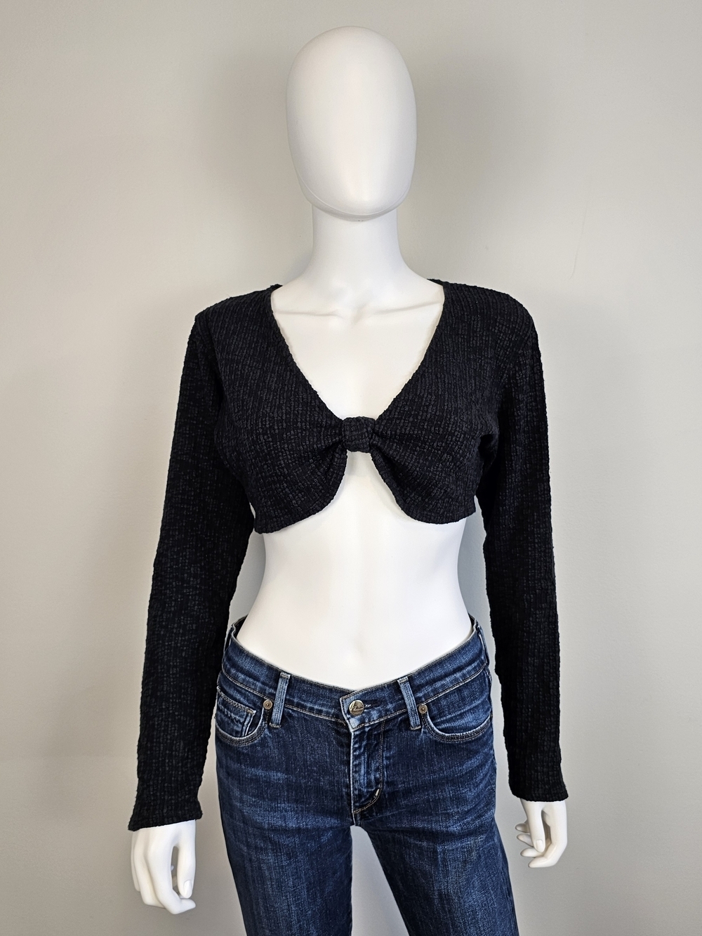 Free People Beach Textured Knot Twist Front Cropped Long Sleeve Top Sz L